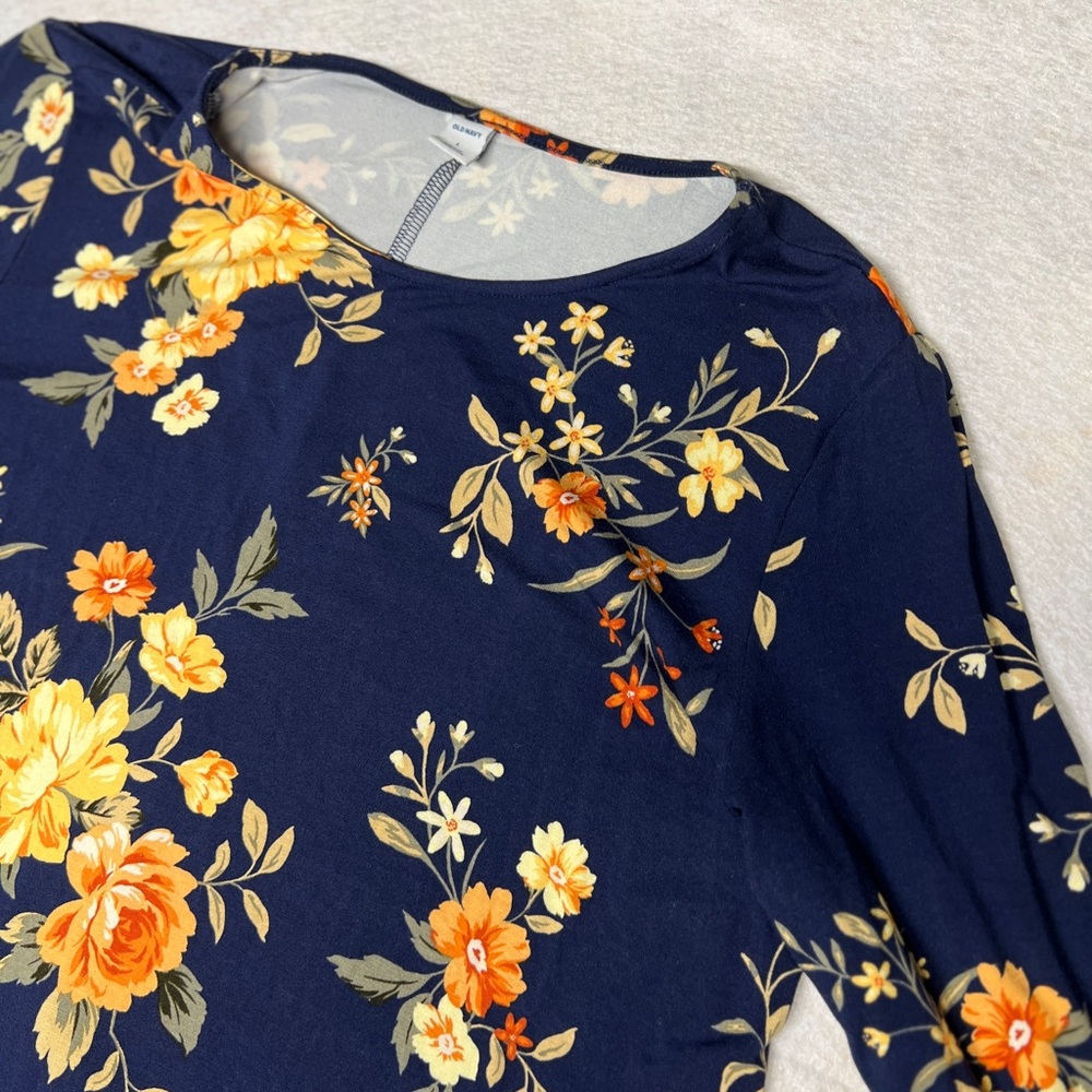 NWOT Old Navy Women’s‎ M Maternity Swing Dress Blue Yellow Floral Knit Long Slv